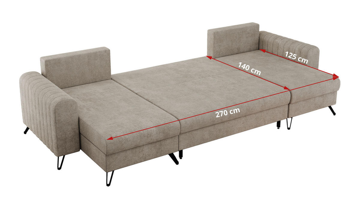 WOHNLANDSCHAFT AXEL U Struktur Beige - Beige/Schwarz, Textil/Metall (312/90/140cm) - MKS