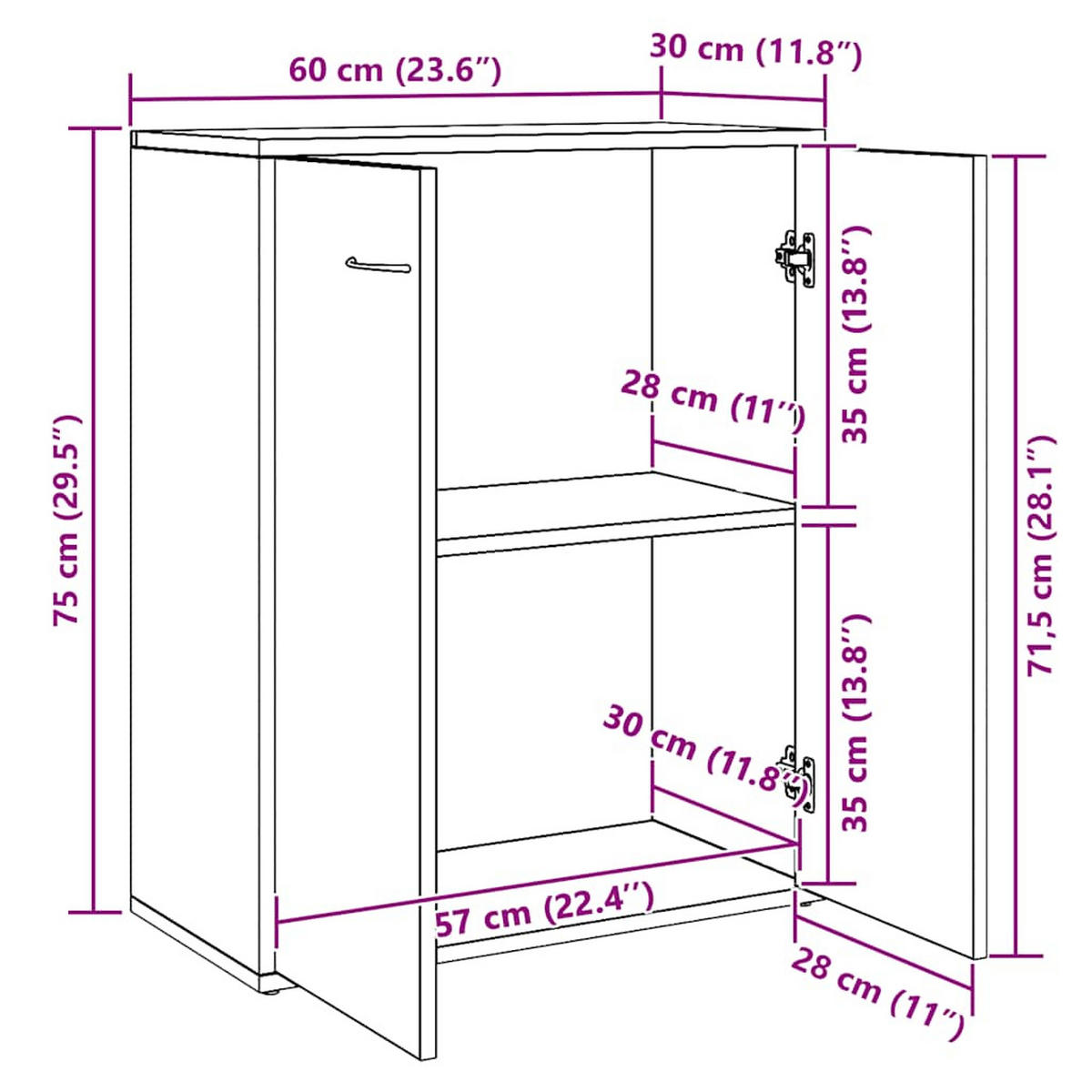 SIDEBOARD mit 2 Türen 60/30/75 cm aus Holzwerkstoff Weiß - Weiß, Holz (60/75/30cm) - vidaXL