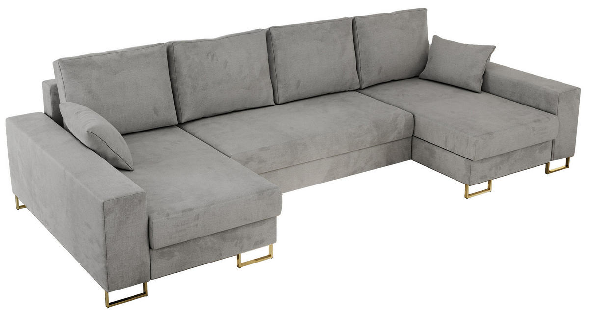 WOHNLANDSCHAFT DORIAN U Velvet Hellgrau - Goldfarben/Hellgrau, Textil/Metall (312/95/138cm) - MKS