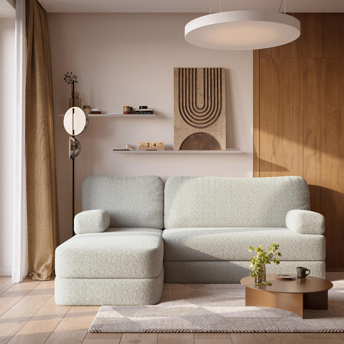 ECKSOFA SABI modulares Boneless Sofa mit Schlaffunktion Hellgrau Boucle-Stoff - Hellgrau, Textil (200/120cm) - MASSENO