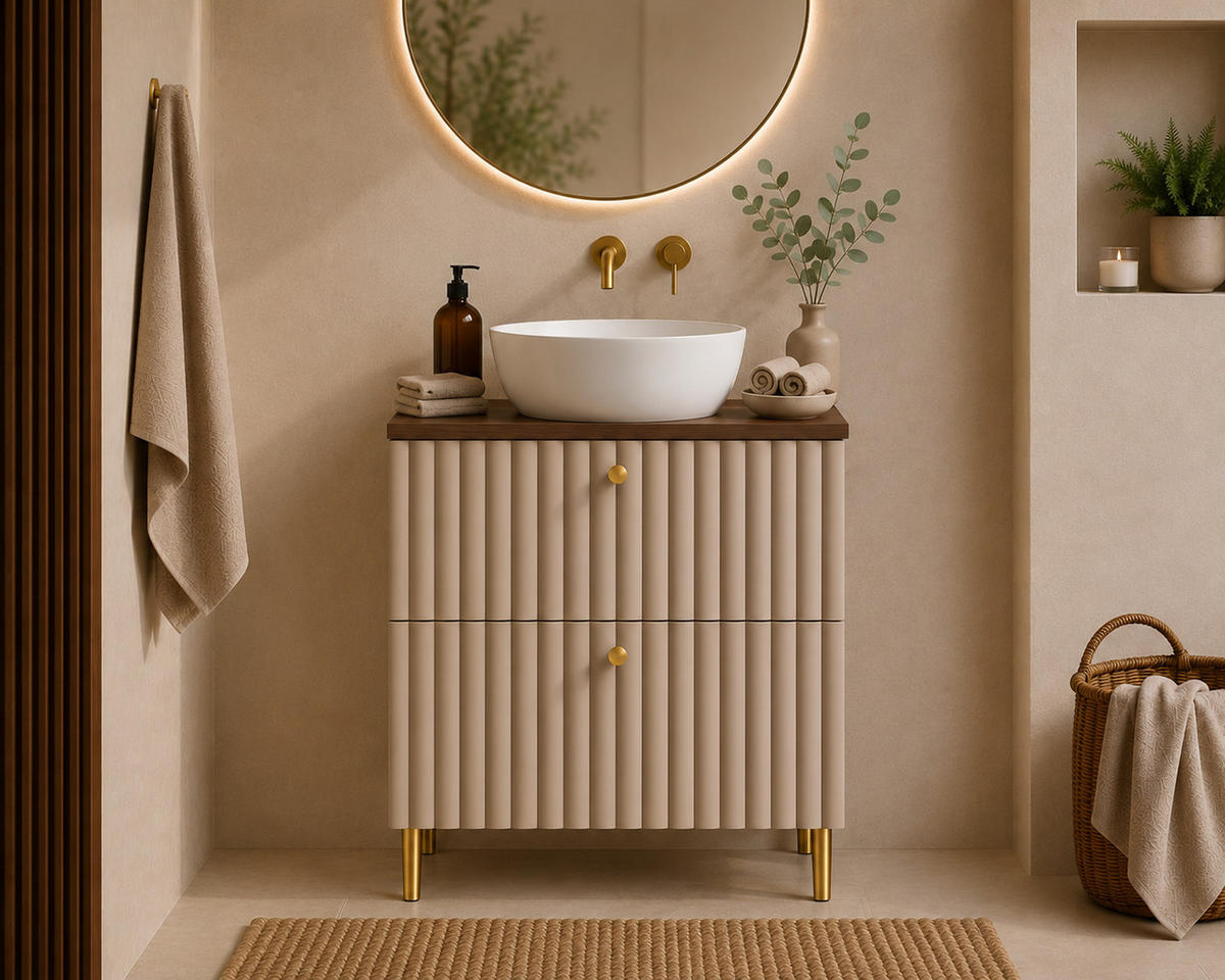 BADEZIMMERSCHRANK: Kaschmir / Platte Nusseiche / Griffe Gold / Beine Gold, 60 x 44,4 x 73,6 cm - Kaschmir/Goldfarben, Holzwerkstoff (60/73.6/44.4cm) - 3XE LIVING