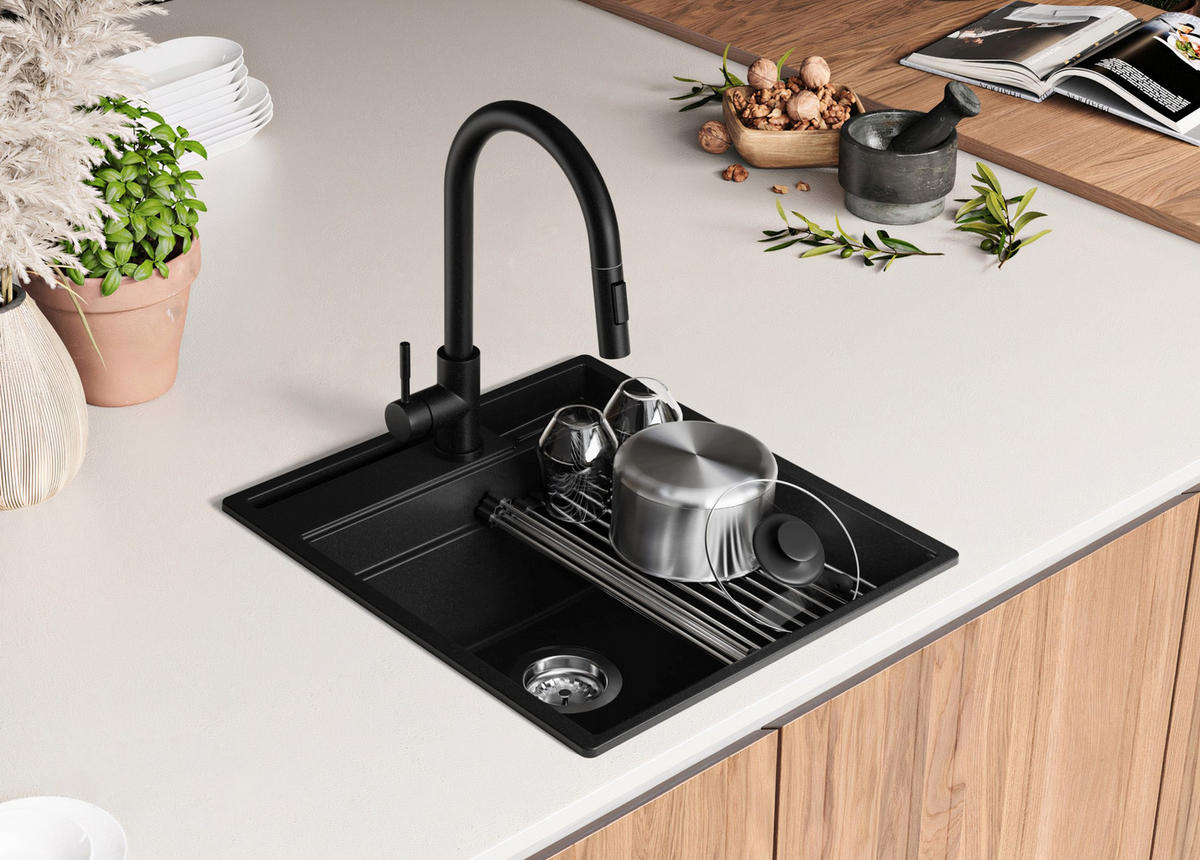 GRANITSPÜLE Oslo Pocket, 2-er set Schwarz 48/53 cm 1 Becken + Küchenarmatur 40/38 cm + Ablauf-Set + Küchenzubehörset ab 50er Unterschrank - Chromfarben/Beige, Kunststoff (48/20/53cm) - Primagran