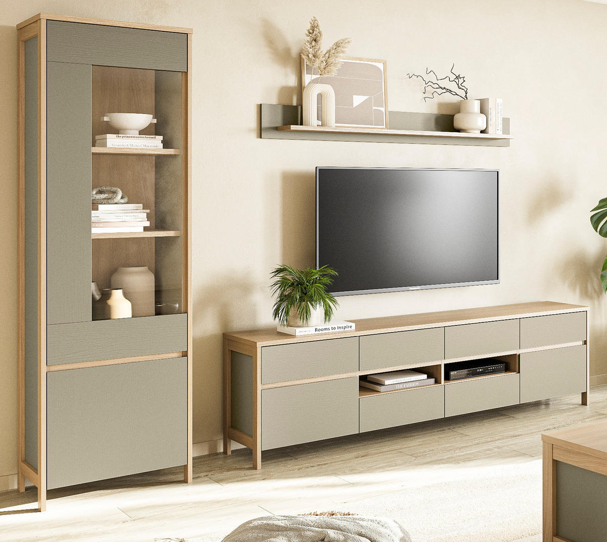 WOHNWAND Salbei grün, Eiche skandinavisch, Wohnkombination 3-teilig 266 cm mit Soft-Close - Salbeigrün/Eichefarben, Holzwerkstoff/Metall (266/195/39cm) - Furn.Design