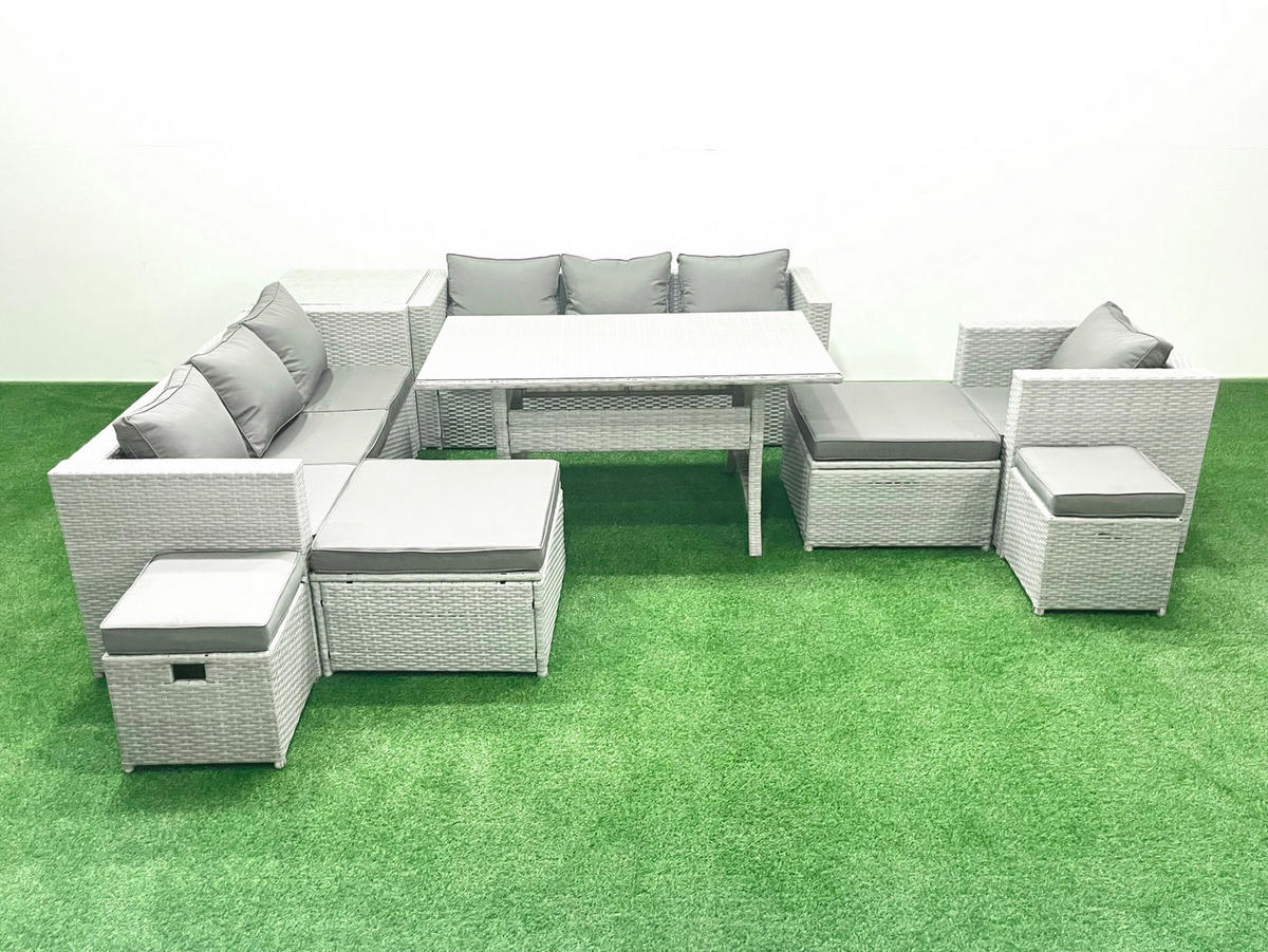 GARTENSET mit Esstisch,Sofa,4 Fußhocker,Stuhl Polyrattan Hellgrau 11-Sitzer - Hellgrau/Grau, Glas/Kunststoff - Fimous