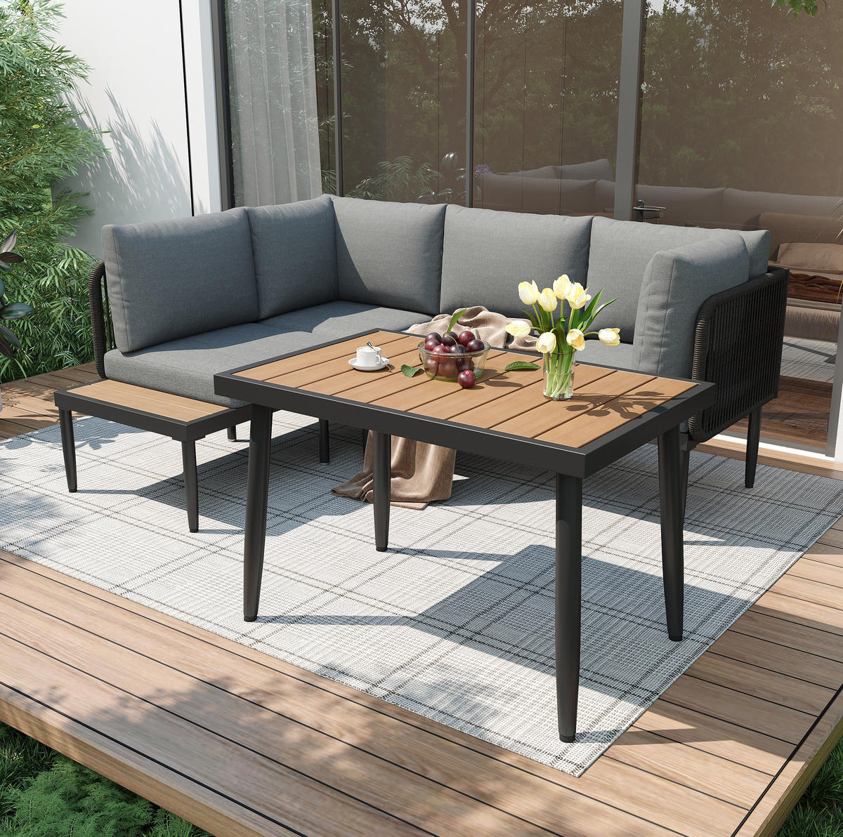 GARTEN-ESSGRUPPE 178/139/68 cm grau aus Olefin und verzinktem Stahl mit Ecksofa und Esstisch - Grau, Metall - OKWISH