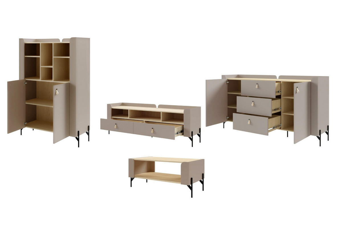 WOHNWAND SOVI A PLUS 4-teilig in Porcini / Eiche Mavelie mit Couchtisch - Greige/Eichefarben, Holzwerkstoff (440/151/82cm) - Deine Möbel 24