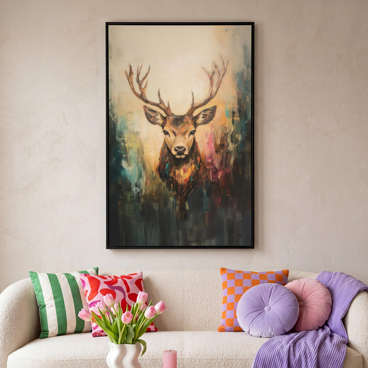 LEINWAND Bilder mit Rahmen - Hirsch - Gemalt - Geweih - Braun - 100x150 - Haselnussfarben, Textil (100/150cm) - MuchoWow