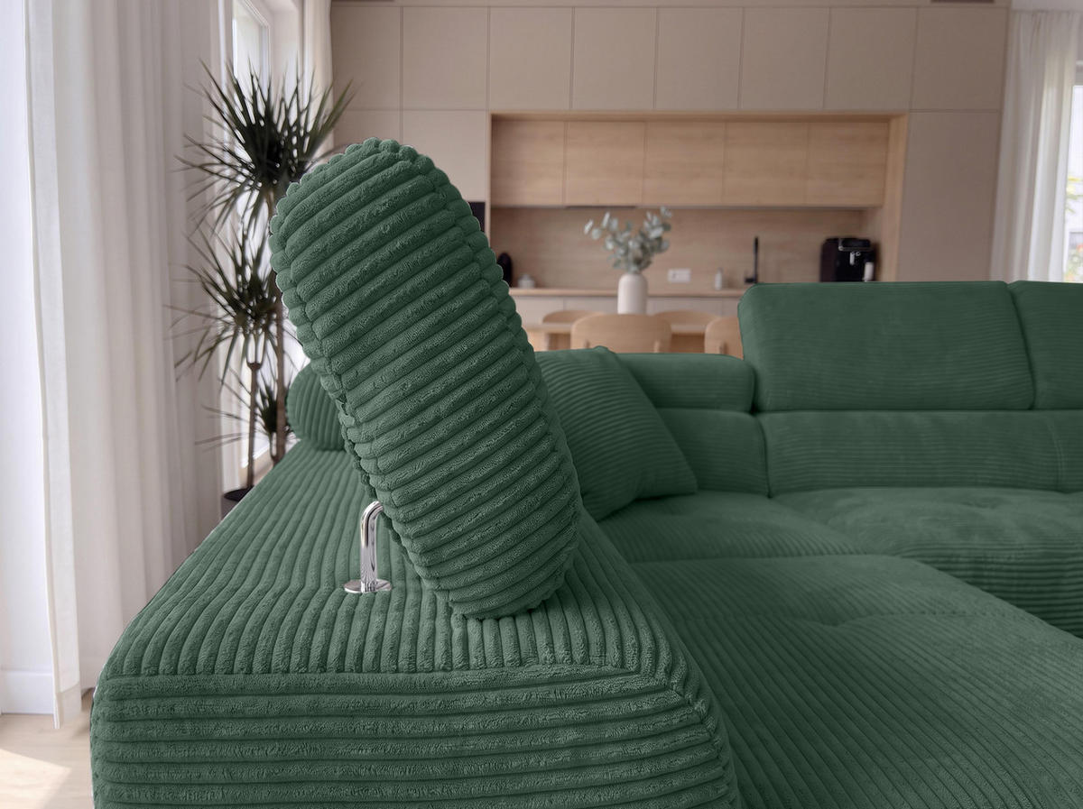 ECKSOFA L Form Konak Flaschengrün 276/201/90 cm Links mit Schlaffunktion - Dunkelgrün/Silberfarben, Textil/Metall (203/276cm) - AX Living
