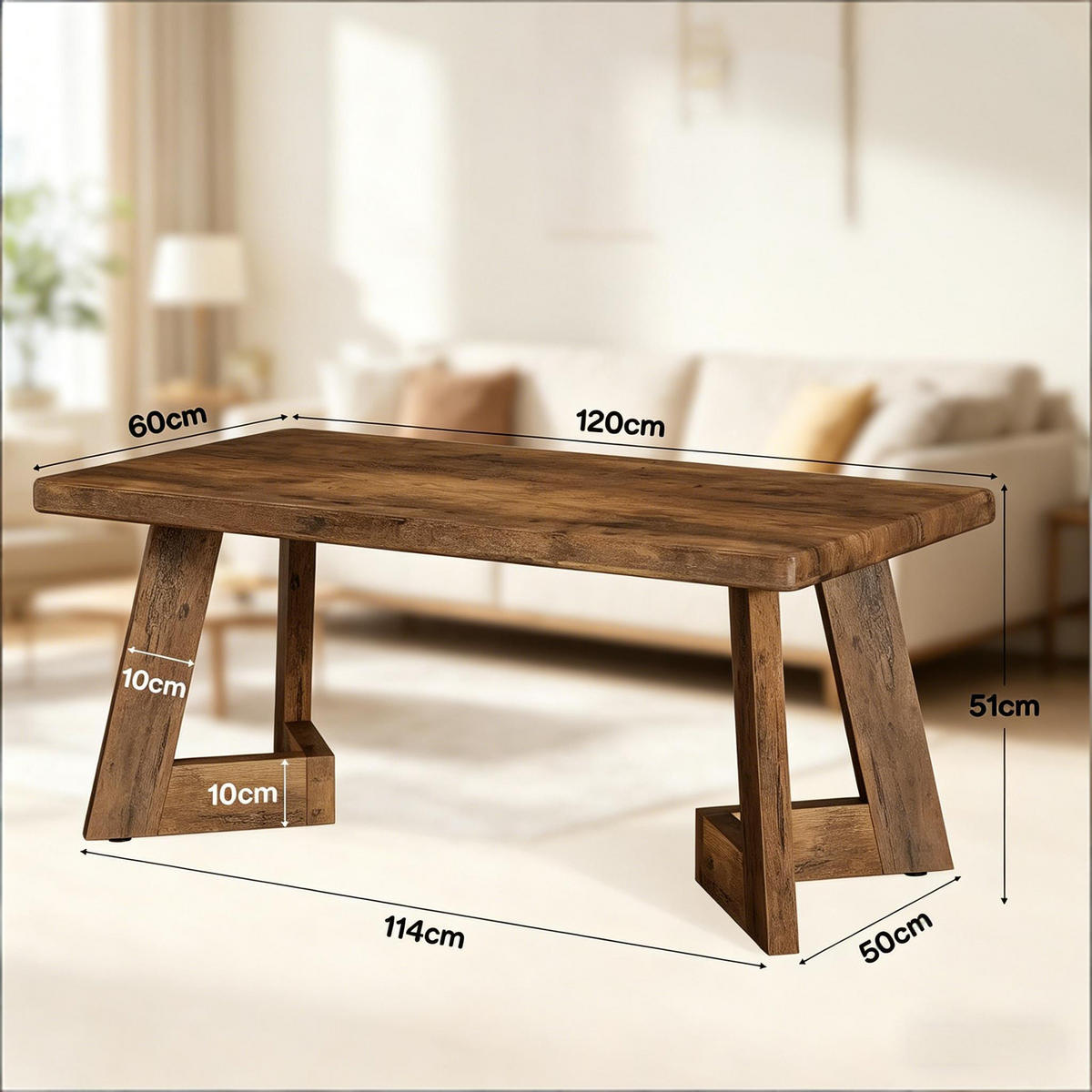 COUCHTISCH Rustikal Braun, 120/60/50 cm - Wildeiche, Holz (60/120/50cm) - PANGIVO