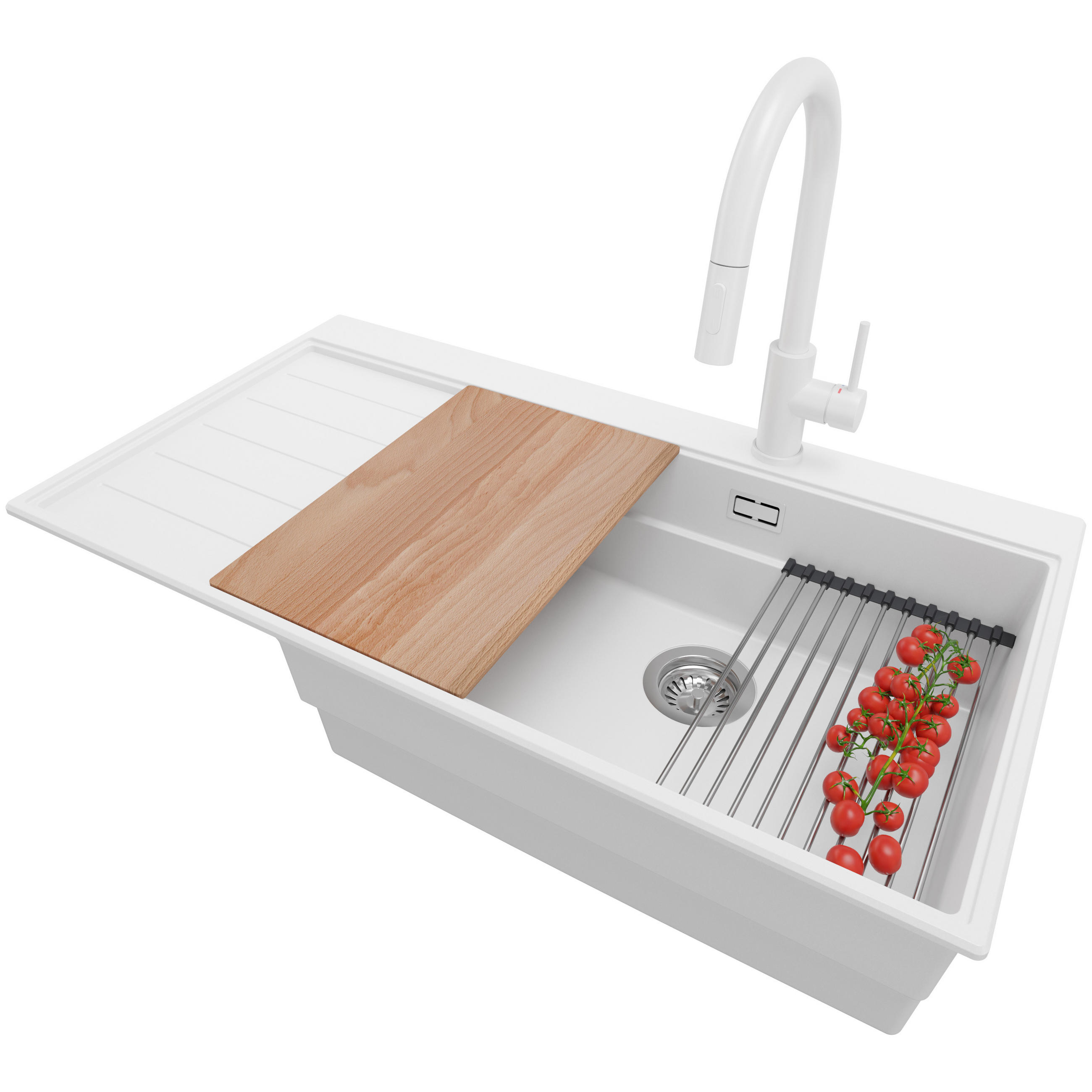 GRANITSPÜLE Sydney, 2-er set Weiß 90/50 cm 1 Becken + Küchenarmatur 40/20 cm + Ablauf-Set + Küchenzubehörset ab 60er Unterschrank - Chromfarben/Beige, Kunststoff (90/20/50cm) - Primagran