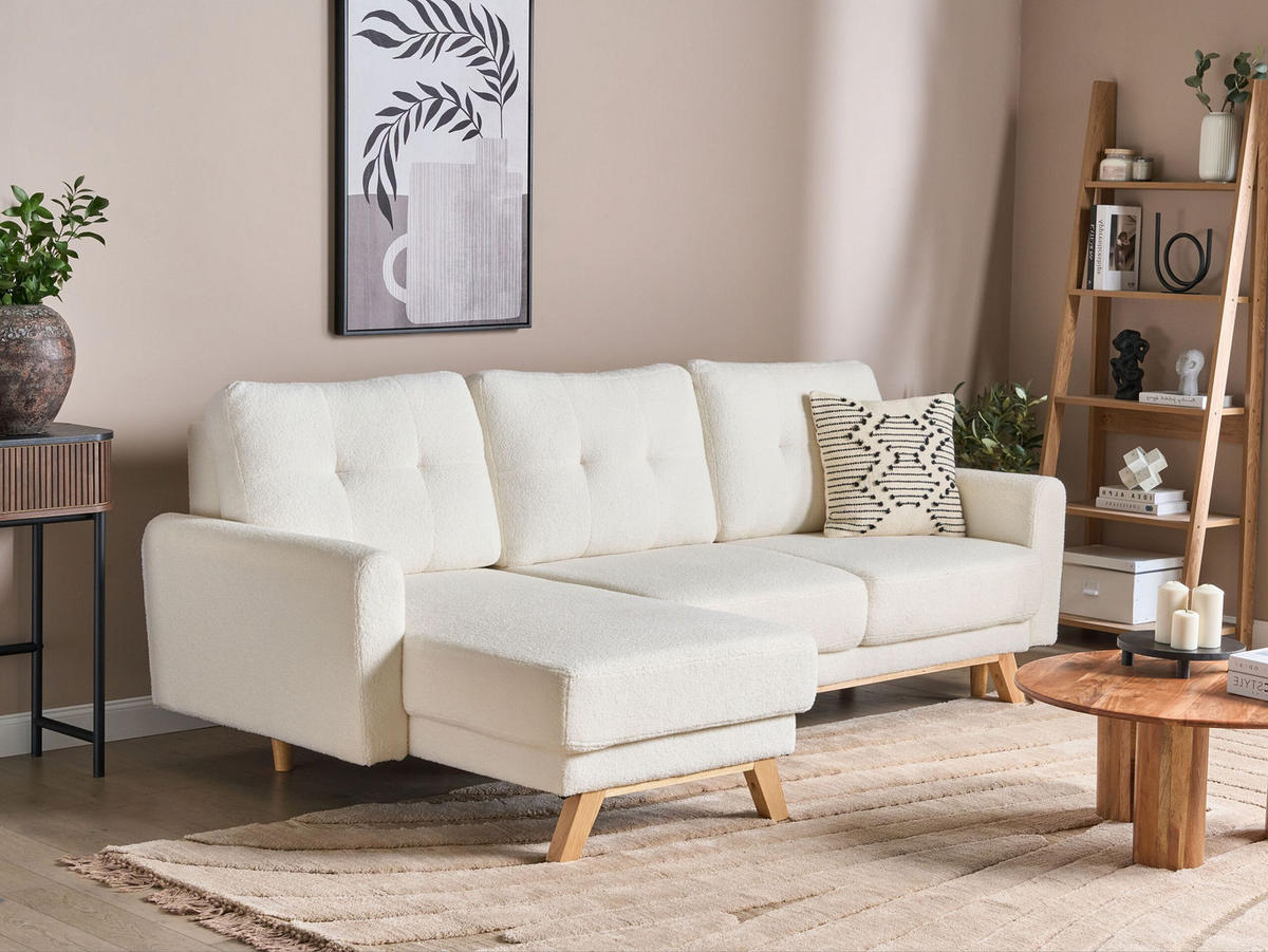 3-SITZER-ECKSOFA Bouclé cremeweiß linksseitig mit Schlaffunktion Stauraum Siro - Hellbraun/Weiß, Textil (240/142cm) - Beliani