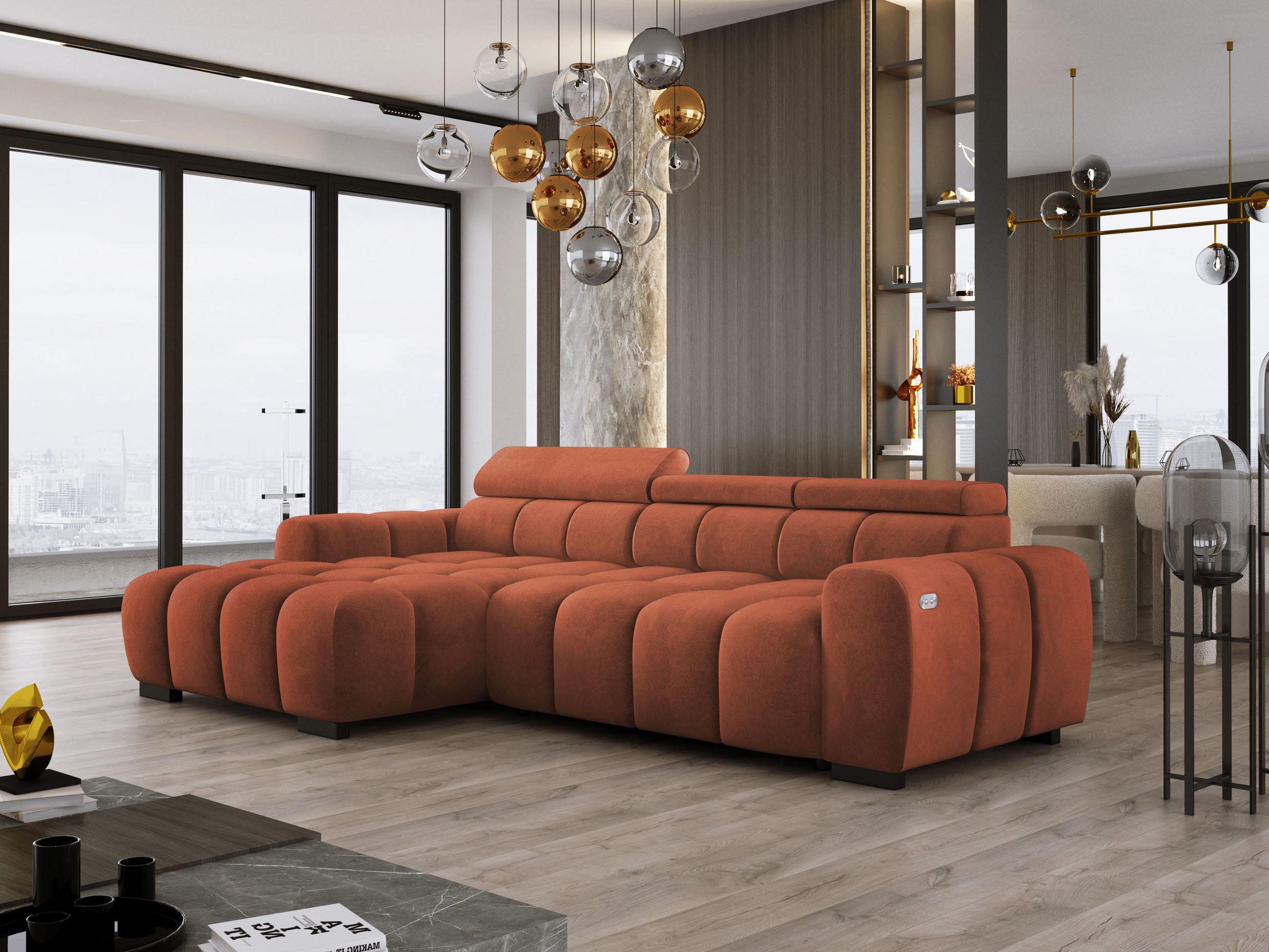ECKSOFA OMBO 285x168x77/97 cm, Links, Schlaffunktion, elektr. Sitz, Kopfstützen, Buche dunkel, hydrophober SALVADOR-Stoff – Dunkelblau - Orange, Holz/Textil (168/285cm) - DomoHome