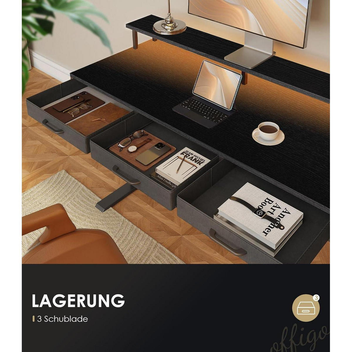 ELEKTRISCHER Schreibtisch mit Schubladen 140 cm Schwarz - Schwarz, Holz (54/140/78cm)