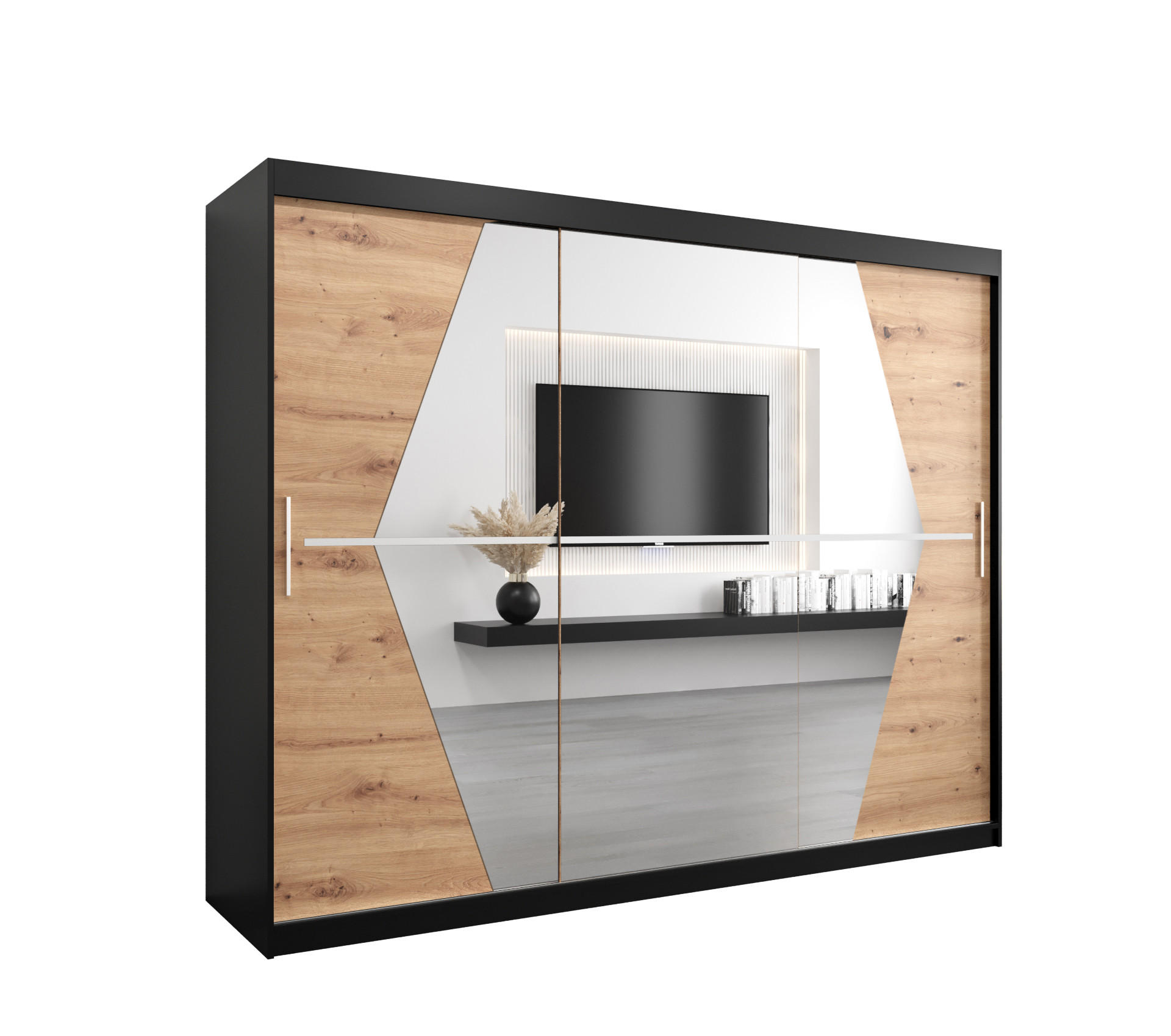 Abiks Möbel Schwebetürenschrank Schwarz, Eiche Artisan 250x200x62 cm