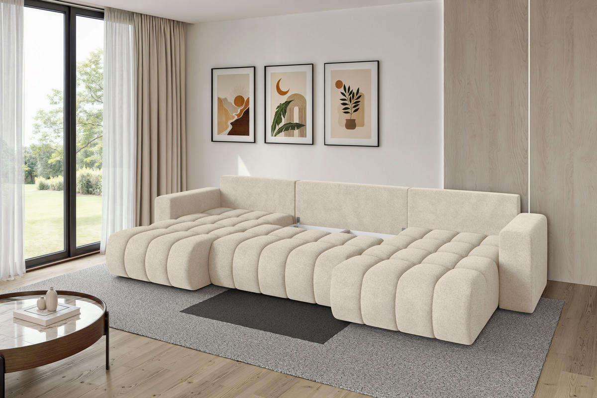 SEDACÍ SOUPRAVA DO U s funkcí spaní a úložným prostorem MILA-U-v1 378x194x86 krémová velur - černá/krémová, kompozitní dřevo/textil (378/86/194cm) - ALTDECOR