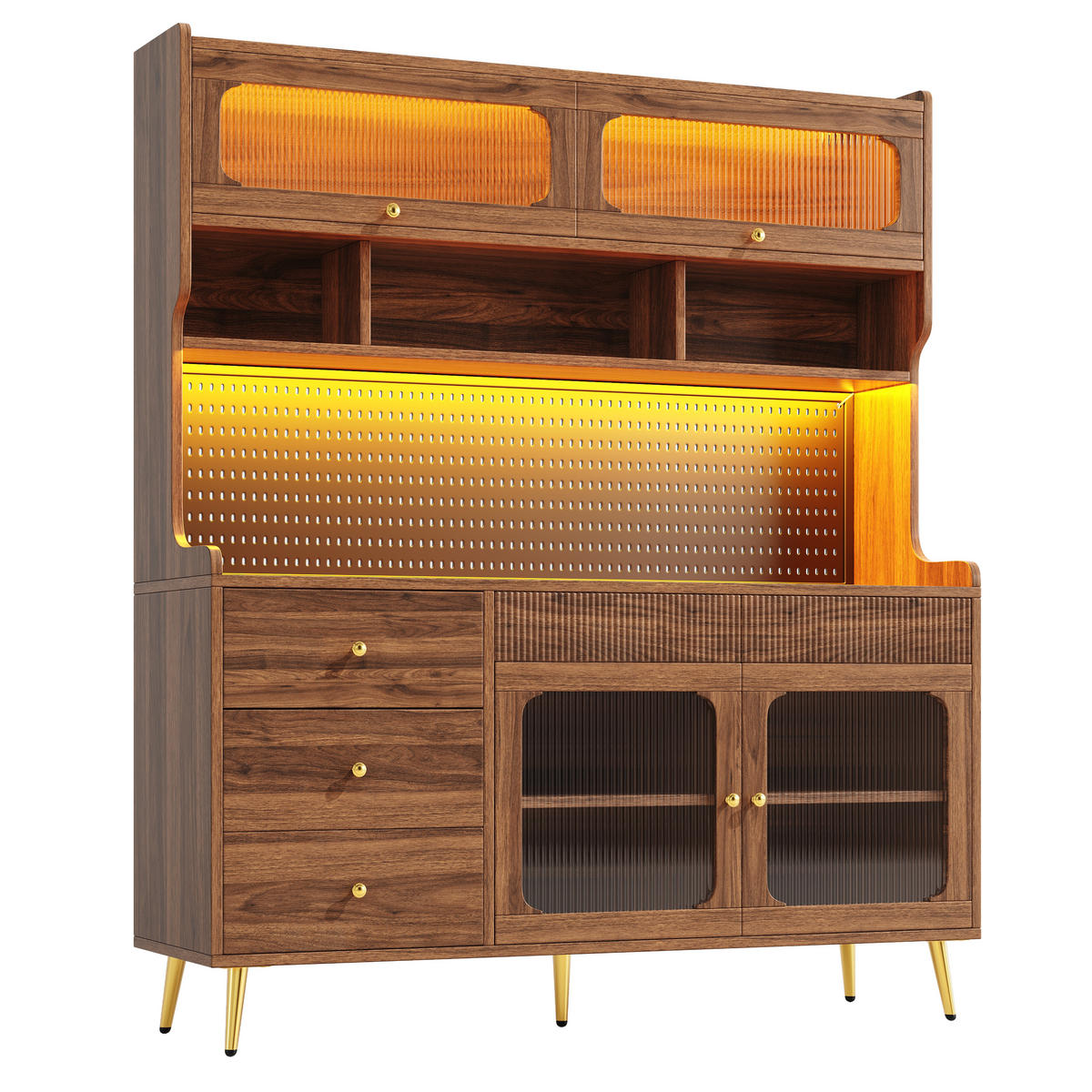 GESCHIRRSCHRANK aus MDF/Glas 145x39x171 cm in Walnuss mit RGB-LED & Lift-up-Tür - Walnussfarben, Holzwerkstoff (145/171/39cm) - Modfu