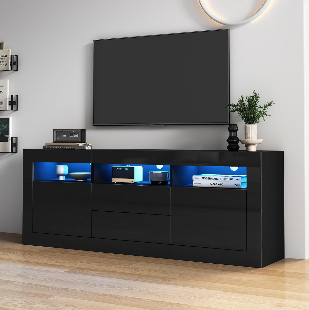 TV-LOWBOARD 160/35/60 cm mit LED-Beleuchtung, Push-to-Open und Kabeldurchlass - Schwarz, Holzwerkstoff (160/60/35cm) - BEAOK