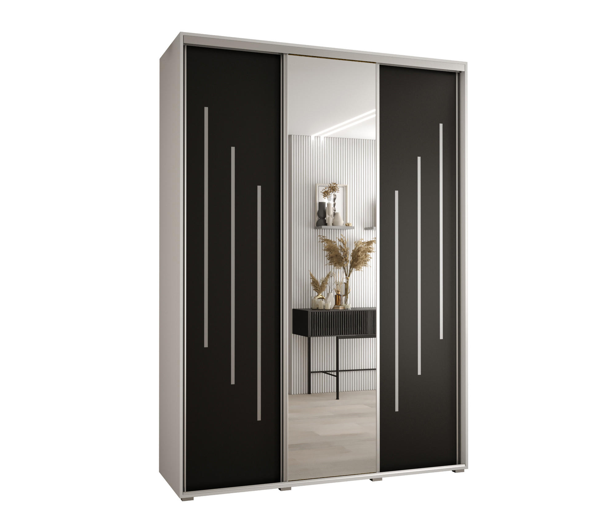 Abiks Möbel SCHWEBETÜRENSCHRANK Weiß, Schwarz, Silber 170cm × 60cm × 235cm