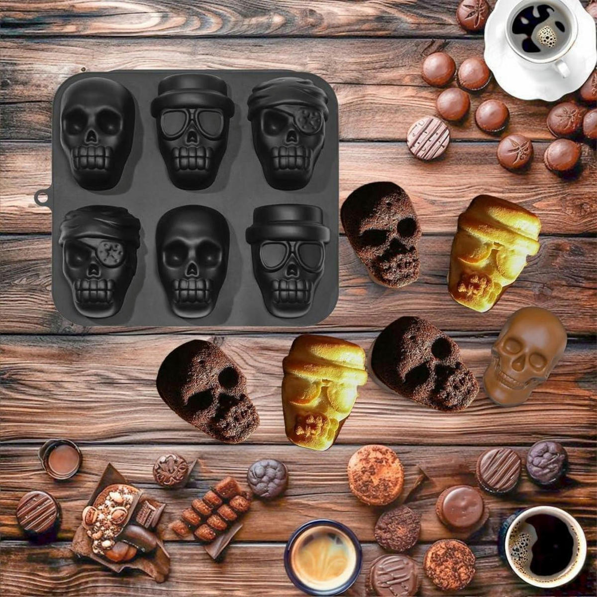 SILIKONFORM Piratenschädel 6-teilig für Halloween und Party - Schwarz, Kunststoff