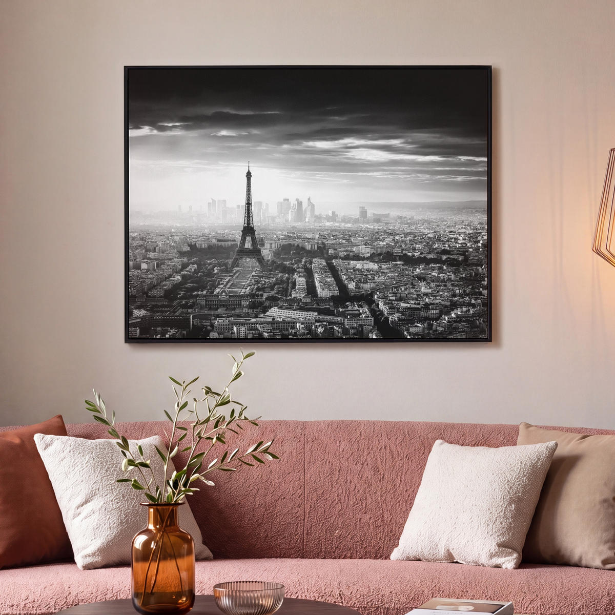 LEINWAND Bilder mit Rahmen - Paris - Skyline - Eiffelturm - Stadt - Wolken - 100x70 - Dunkelgrau, Textil (100/70cm) - MuchoWow