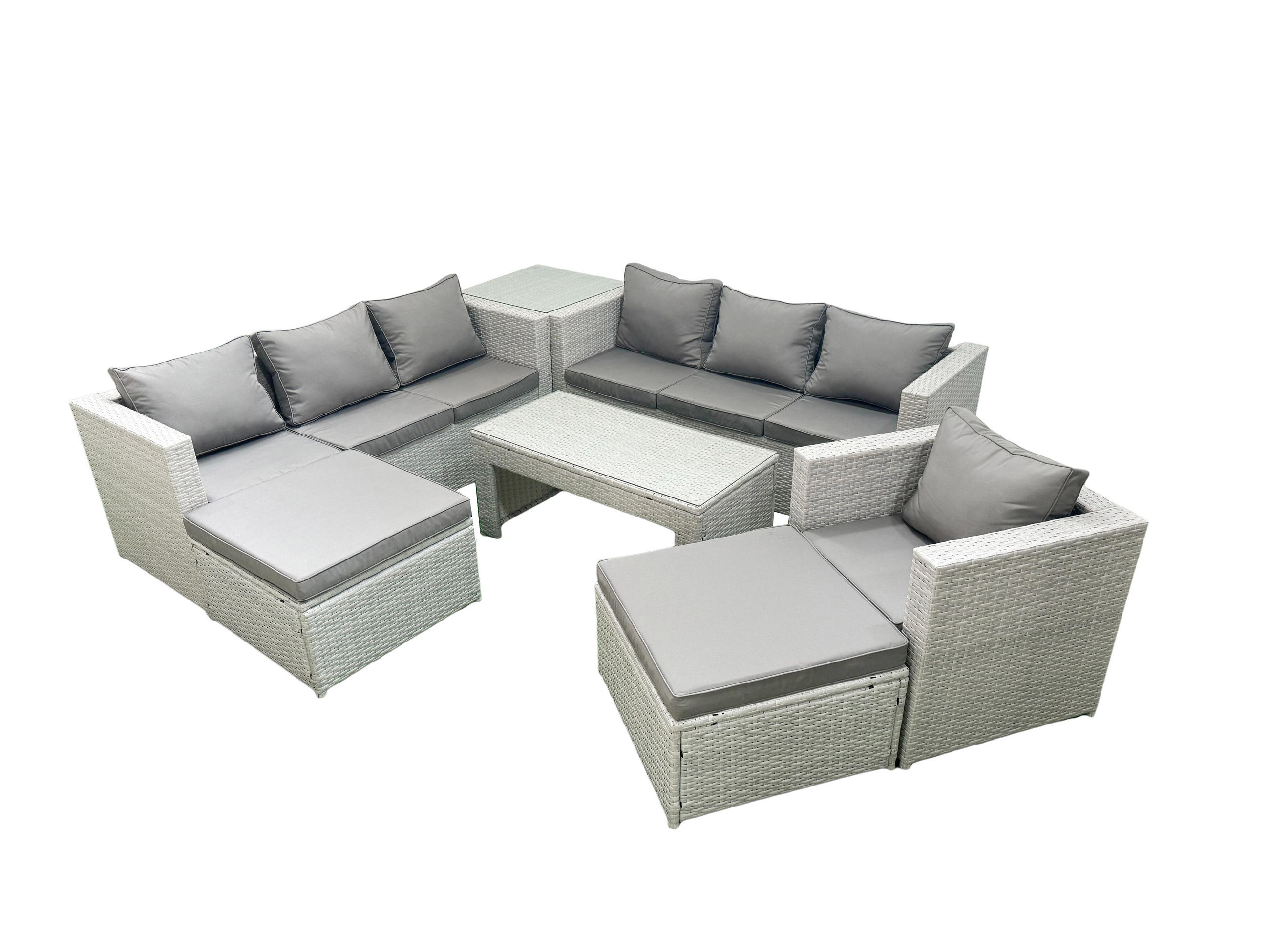 GARTENSOFA hohe Rückenlehne Polyrattan Hellgrau-Mix 9-Sitzer - Hellgrau/Grau, Glas/Kunststoff - Fimous