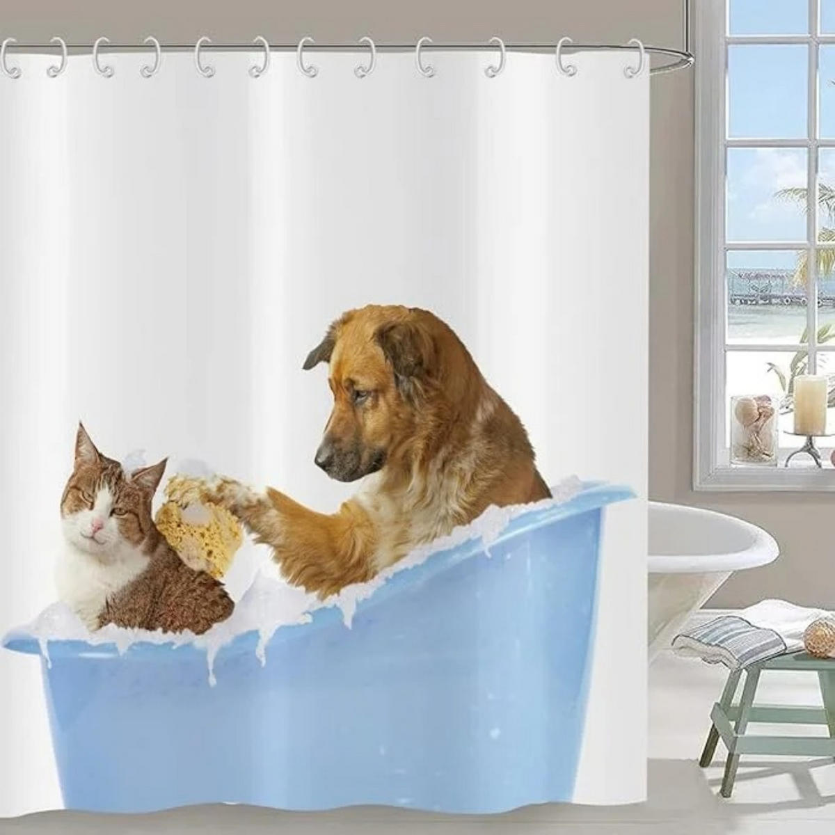 DUSCHVORHANG Blau Weiß Katze und Hund niedlich wasserdicht - Blau, Textil (180/180cm) - MCBOSON