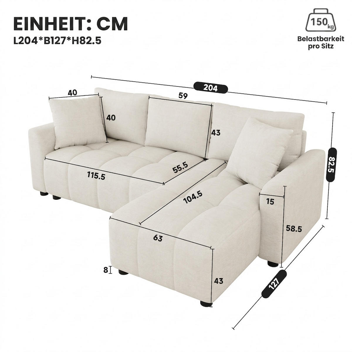 ECKSOFA 204/127/82.5 cm Beige Chenille mit 2 Zierkissen - Beige, Textil (204/127cm) - Oxeza