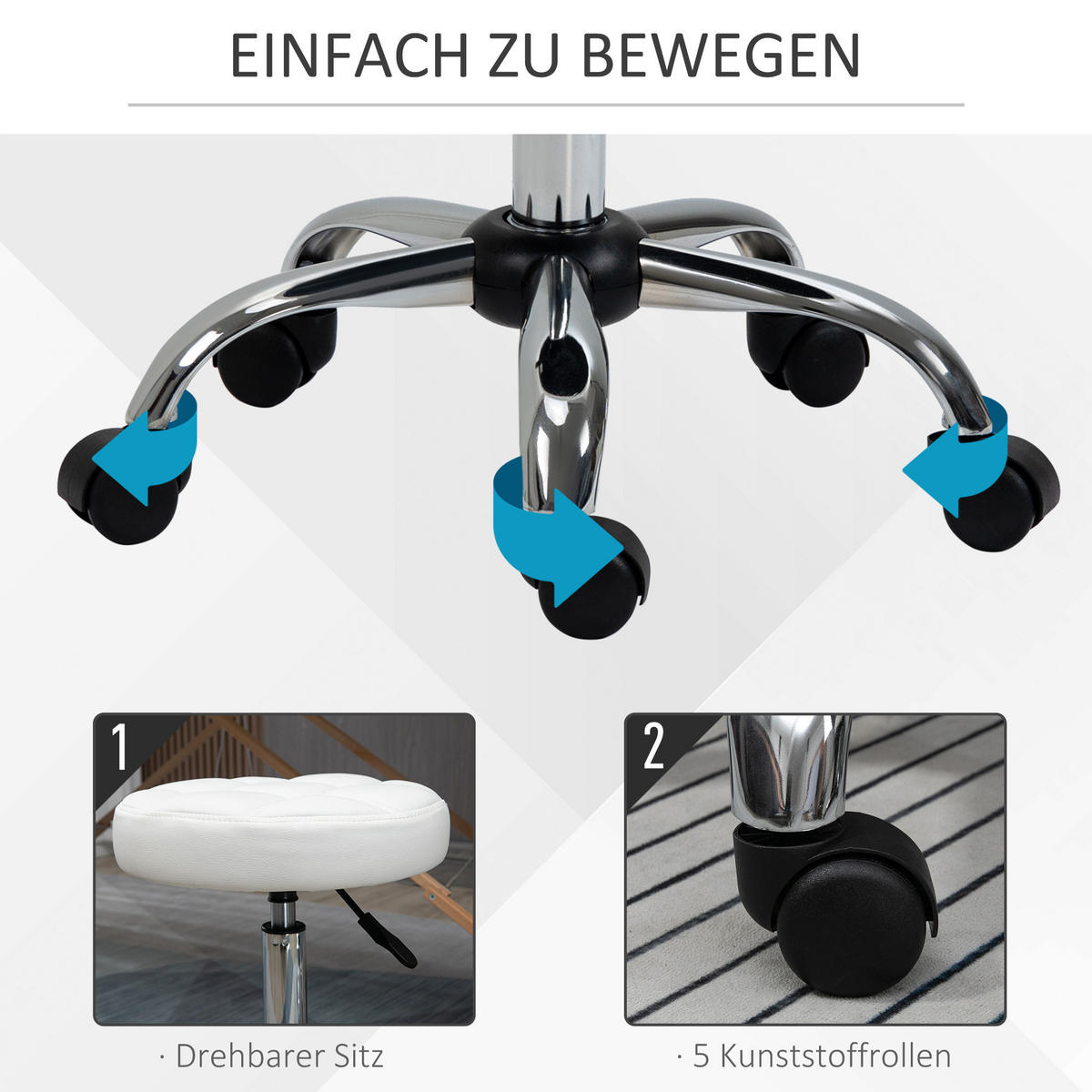 ROLLHOCKER Höhenverstellbarer Arbeitshocker, Drehbarer Salon Hocker für Büro - Weiß, Leder (35.5/67/35.5cm) - HOMCOM