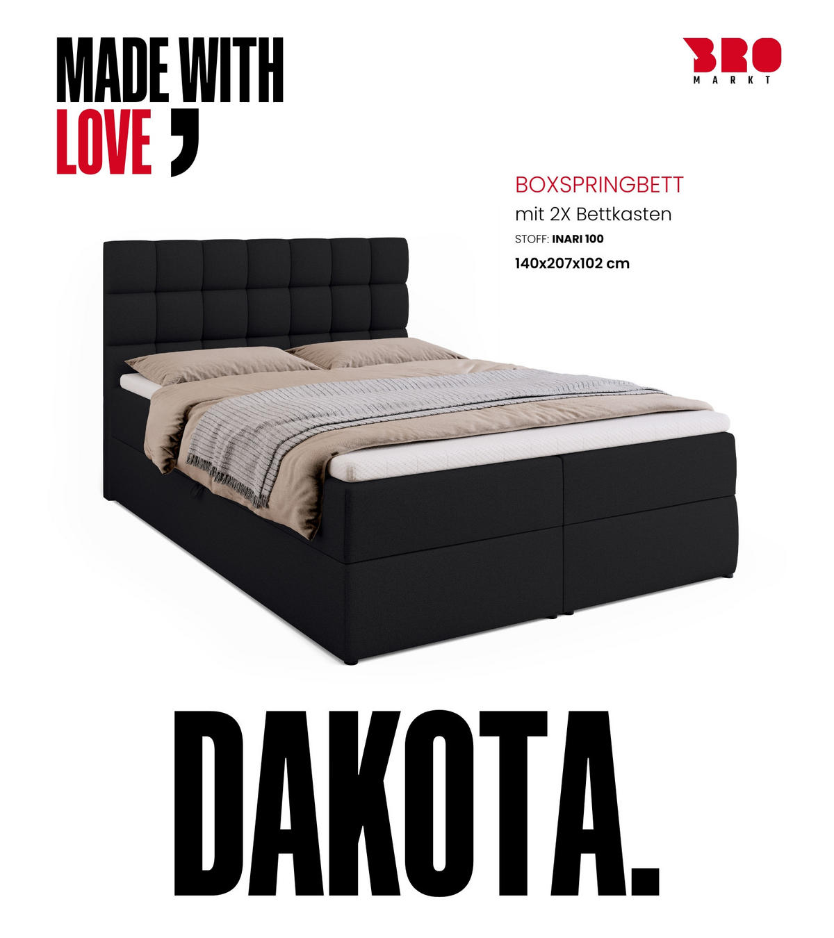 BOXBETT Dakota mit Topper 140/200 Schwarz - Schwarz, Textil (140/200cm) - Bromarkt