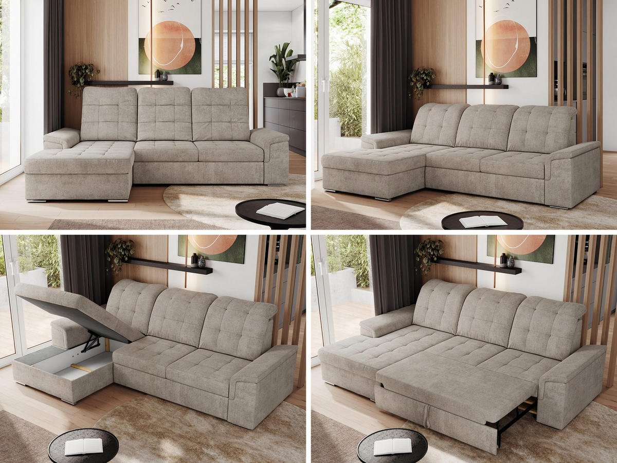 ECKSOFA MADRITO L - Beige Struktur - Links - Beige/Silberfarben, Textil/Metall (160/256cm)