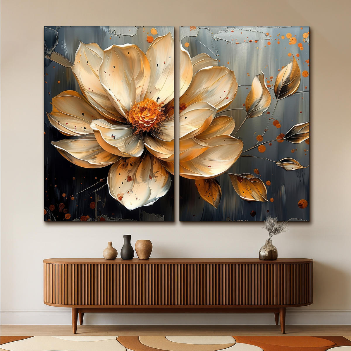 LEINWANDBILD 2er Set Blume - Gold - Abstrakt - Farbe 240x180 cm - Creme, Textil (240/180cm) - MuchoWow