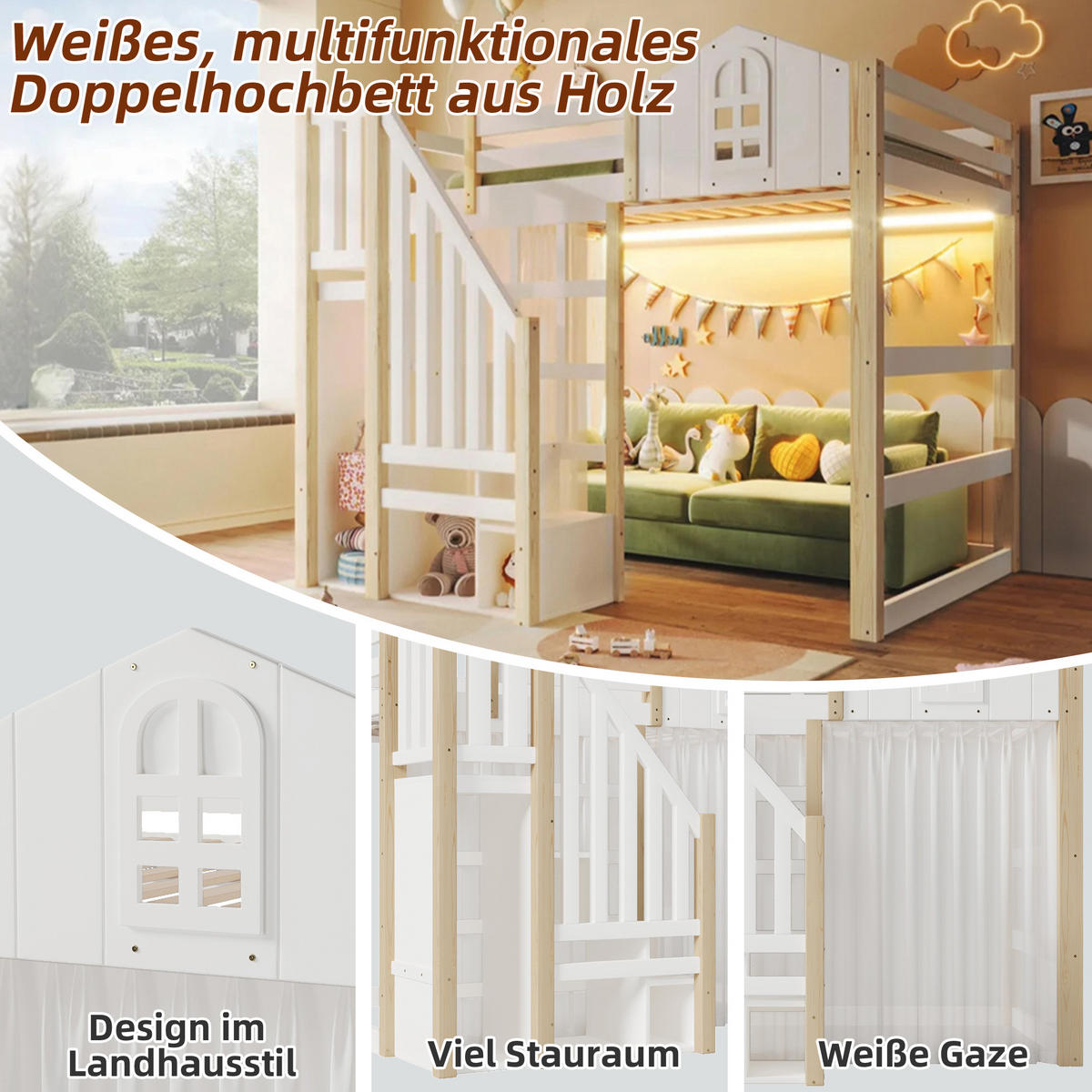 HOCHBETT aus Kiefernholz 140x200 cm Weiß/Natur mit LED-Beleuchtung und Stauraumleiter - Weiß, Holzwerkstoff (140/200cm) - IVMEU