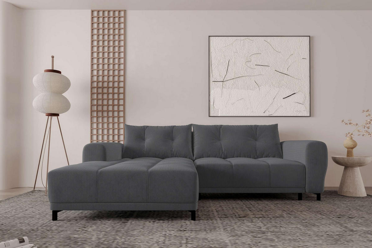 ECKSOFA Massimo Cordstoff Graphitfarben inkl. Schlaffunktion Links - Schwarz/Graphitfarben, Textil/Metall (246/177cm) - 99rooms