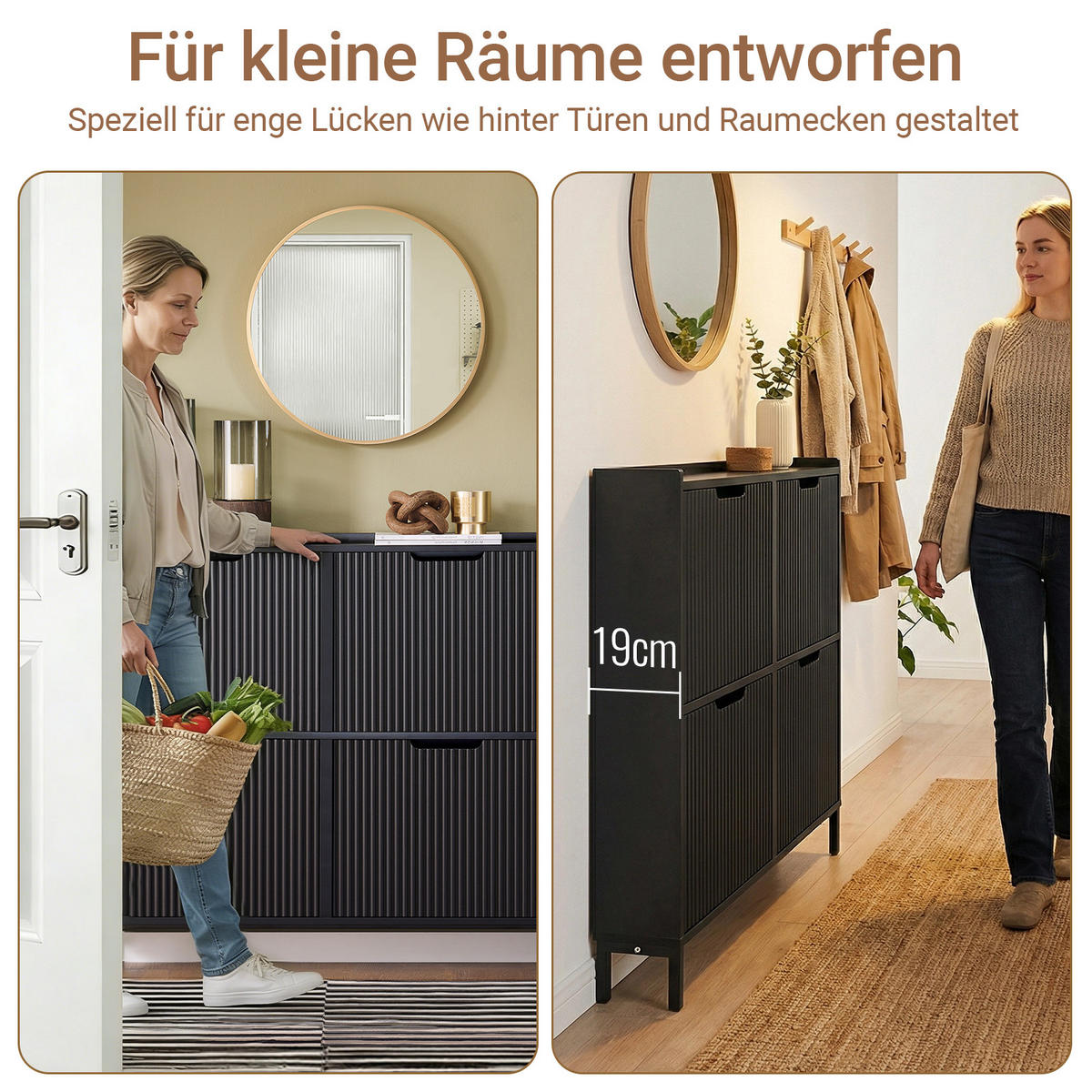 SCHUHSCHRANK mit 4 Klappen schmal 100x91x19cm Schwarz - Schwarz, Holzwerkstoff/Metall (100/91/19cm) - SoBuy