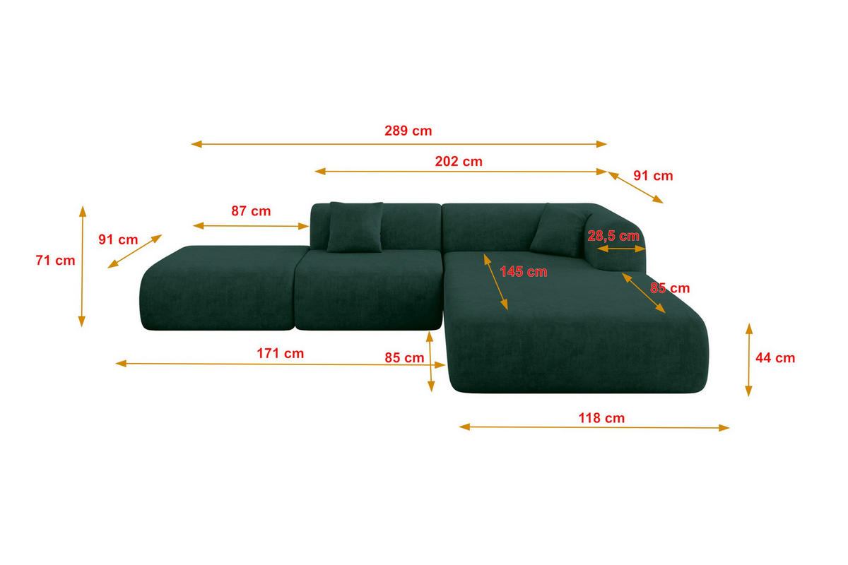 ECKSOFA Ottomane Rechts OVLY-L 289x176x71 Grün Samt - Jadegrün/Schwarz, Holzwerkstoff/Kunststoff (289/176cm) - ALTDECOR
