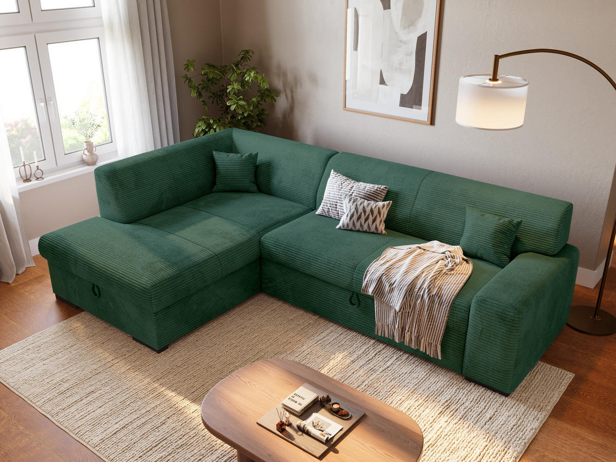 ECKSOFA mit Schlaffunktion Cordstoff MILENZO Dunkelgrün Links - Dunkelgrün, Holz (260/175cm) - Bromarkt