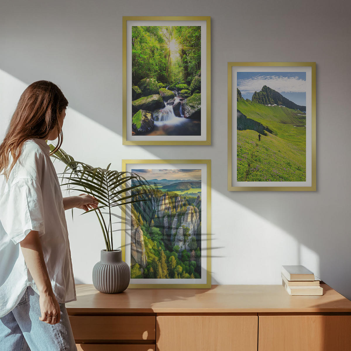 BILDER SET 3er Set - 40x60 cm Goldrahmen - Grüne Berge Wasserfallwald - Goldfarben, Kunststoff (40/60cm) - TULUP