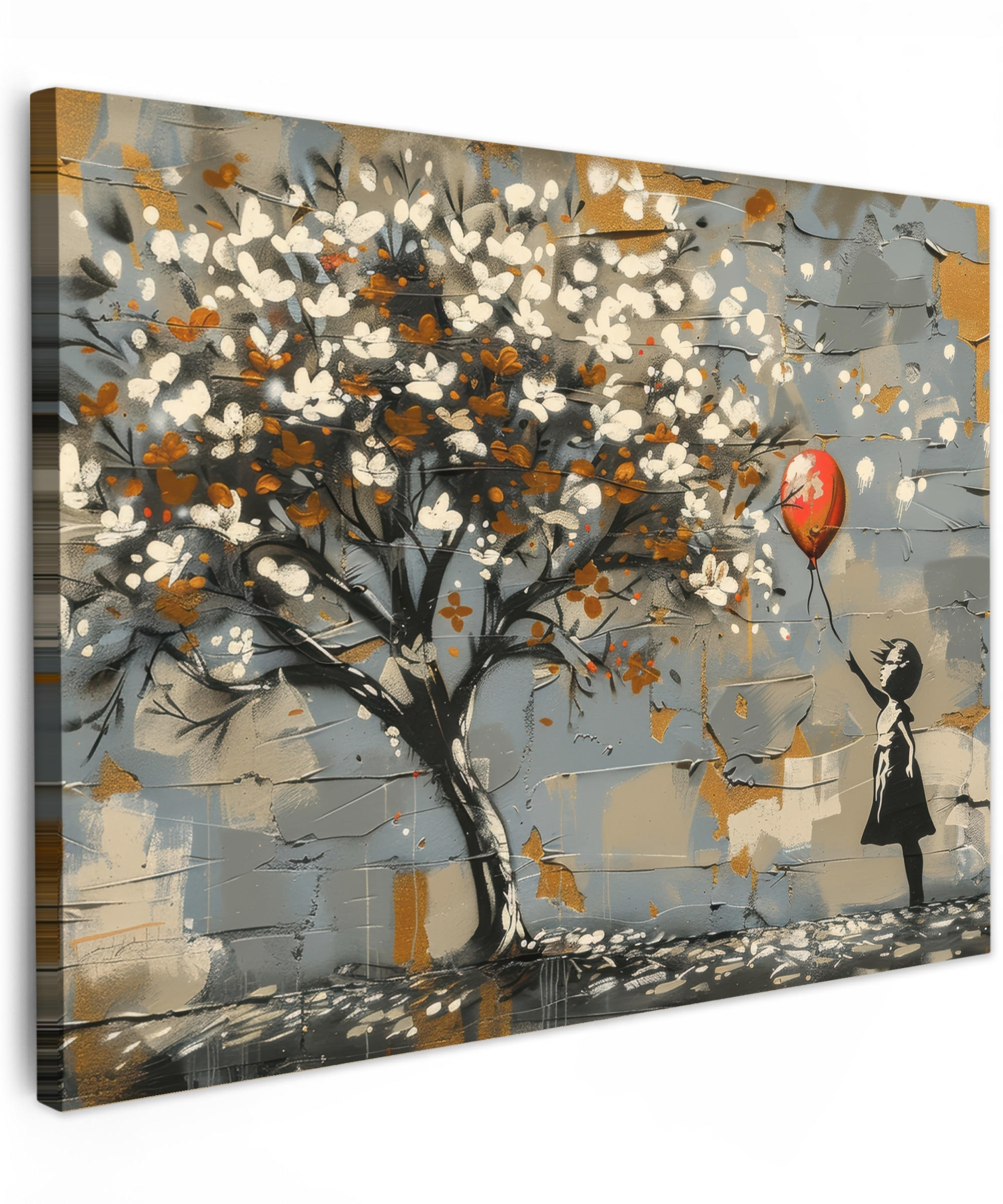 LEINWANDBILD Baum - Graffiti - Banksy-Stil - Ballon-Mädchen Wandbilder 80x60 cm - Blaugrau, Textil (80/60cm) - MuchoWow