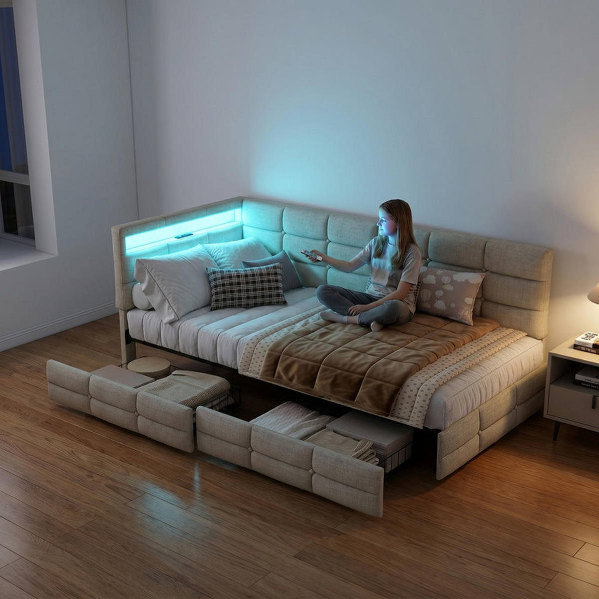 POLSTERBETT 90/200 cm beige mit Schubladen, LED und USB - Beige, Holz - SHOPENTRA