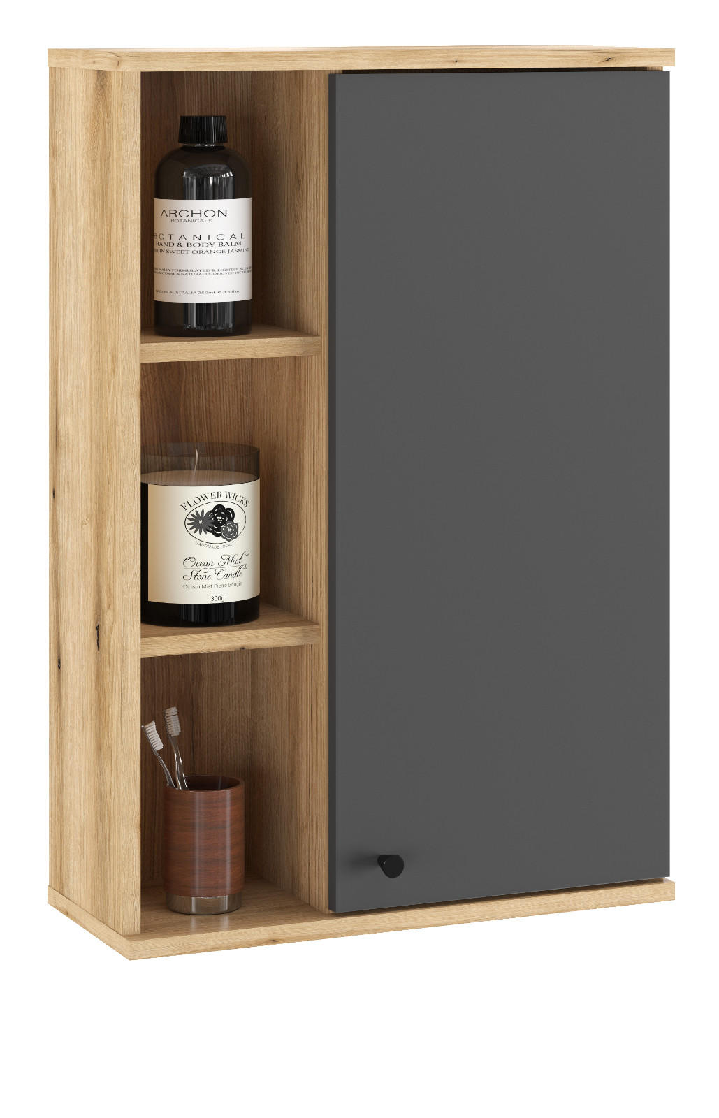 BAD-HÄNGESCHRANK grau, Evoke Eiche, Badschrank hängend, 51 x 75 cm - Eichefarben/Schwarz, Holzwerkstoff/Kunststoff (51/75/21cm) - Furn.Design