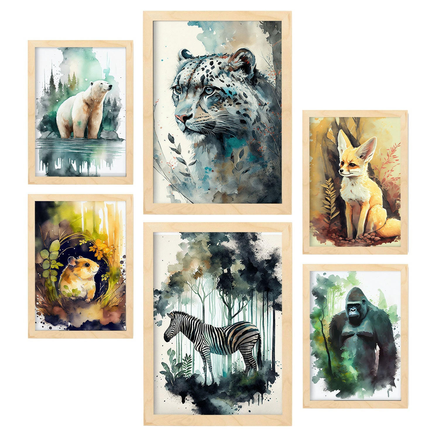 POSTER Set Mit 6 Norden Und Süden Illustrationen Von Tieren In Naturlandschaften, Realistischer Aquarellstil A3 & A4 Rahmen Aus Hellem Holz - Beige, Papier (29/3cm) - Nacnic