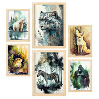 POSTER Set Mit 6 Norden Und Süden Illustrationen Von Tieren In Naturlandschaften, Realistischer Aquarellstil A3 & A4 Rahmen Aus Hellem Holz - Beige, Papier (29/3cm) - Nacnic