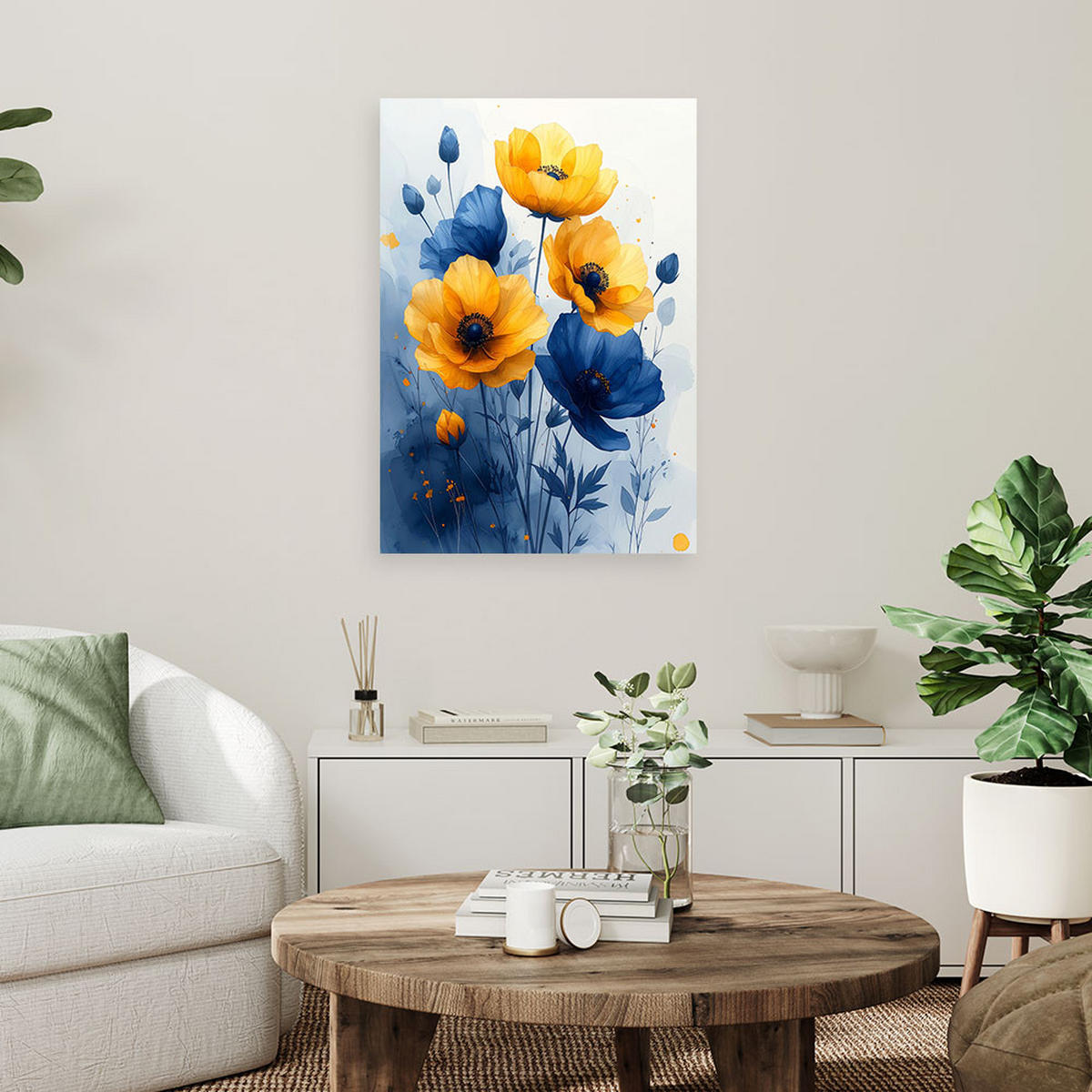 LEINWANDBILDER, Gelb blaue botanische Blumen - Blau, Textil (30/45cm) - Feeby