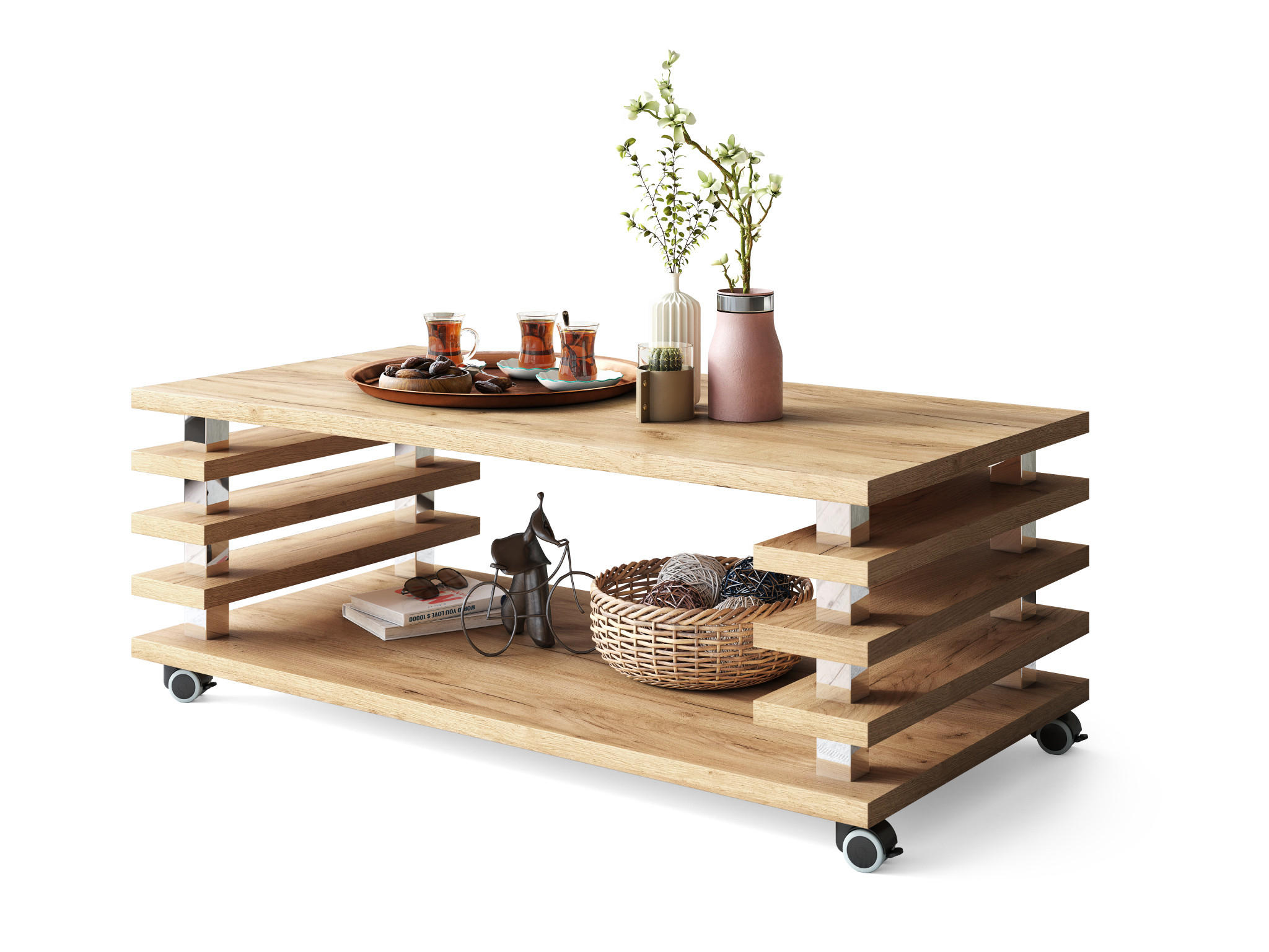 COUCHTISCH rechteckig Eiche Gold Ablage Rollen - Eichefarben, Holzwerkstoff (60/120/45cm) - designimpex