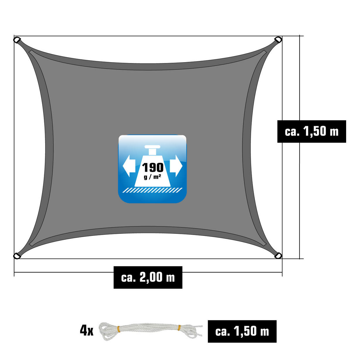 UV-SONNENSEGEL 1,5/2 m, Rechteckig, Wasserdicht, Grau - Grau, Kunststoff (150/200cm) - Amanka
