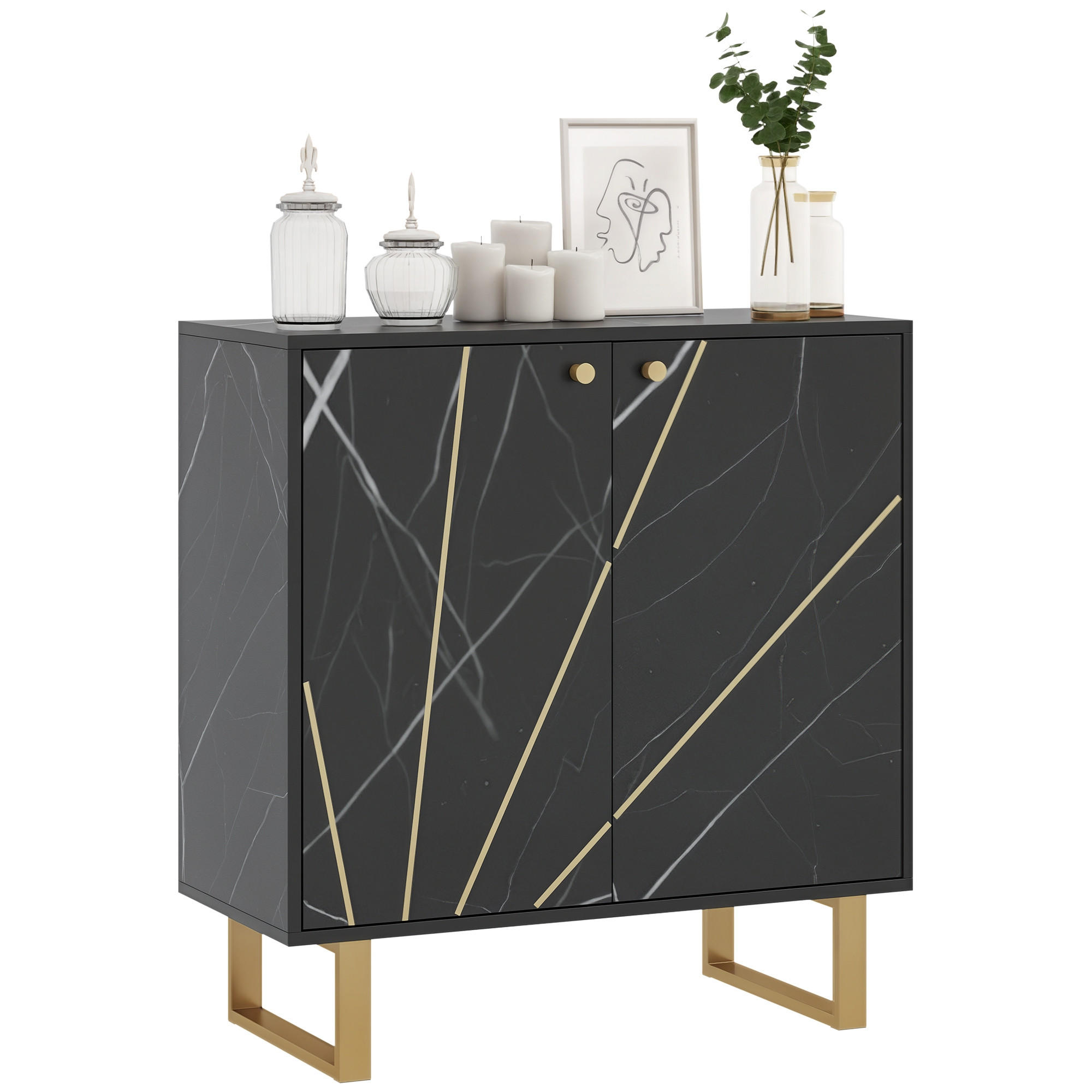 SIDEBOARD Schwarz Marmor-Optik, 2 Türen, 76/35/77 cm - Schwarz, Holz (76/77/35cm) - PANGIVO
