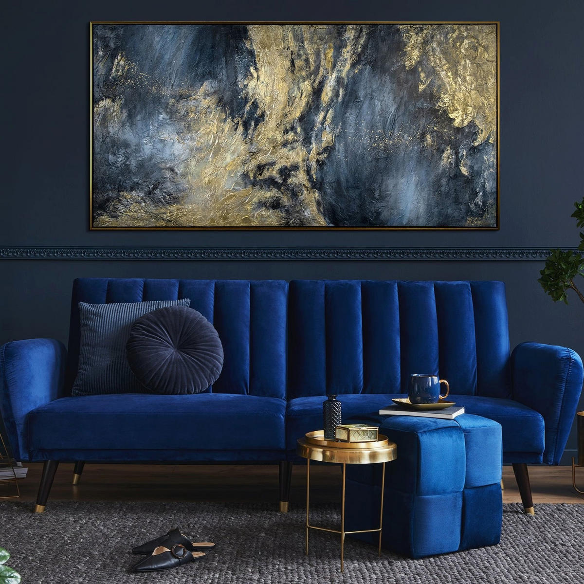 GEMÄLDE Spiegelungen II Schattenfugenrahmen Schwarz-Gold 140x70 cm - Schwarz Hochglanz, Holz (140/70cm) - YS-art gallery