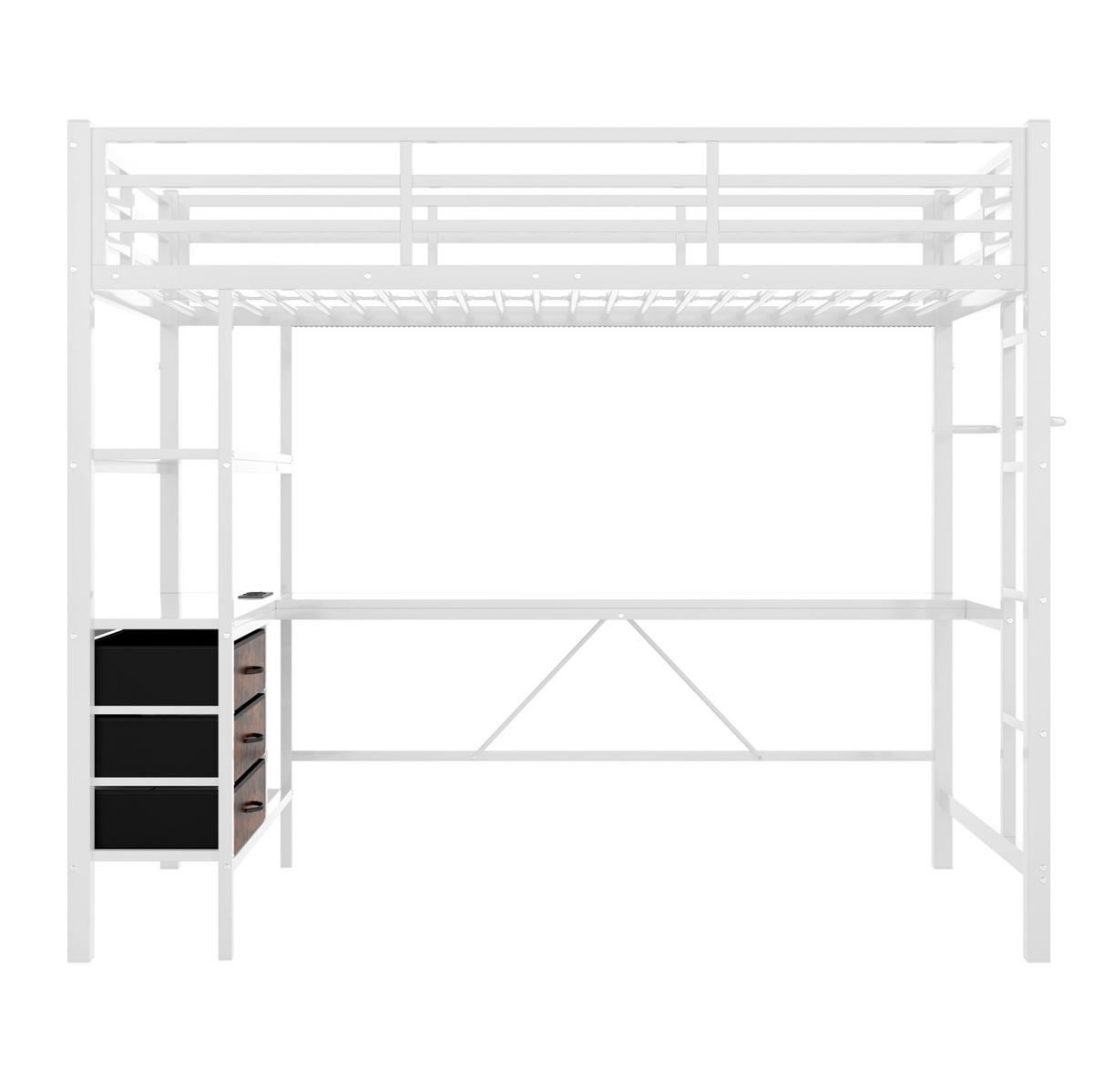 HOCHBETT 90/200 cm in Weiß mit LED-Beleuchtung, Schreibtisch und 3 Schubladen - Weiß, Metall (90/200cm) - Flora Grace