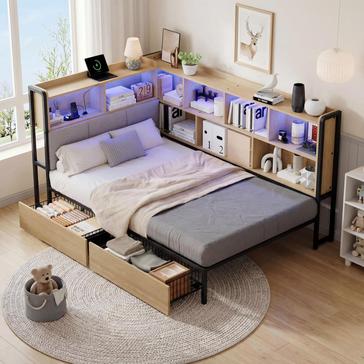 POLSTERBETT 90/200 cm in Natürlich mit 2 Schubladen, LED-Beleuchtung und USB-/Type-C-Ladeanschlüssen - Naturfarben, Metall (90/200cm) - Oxeza