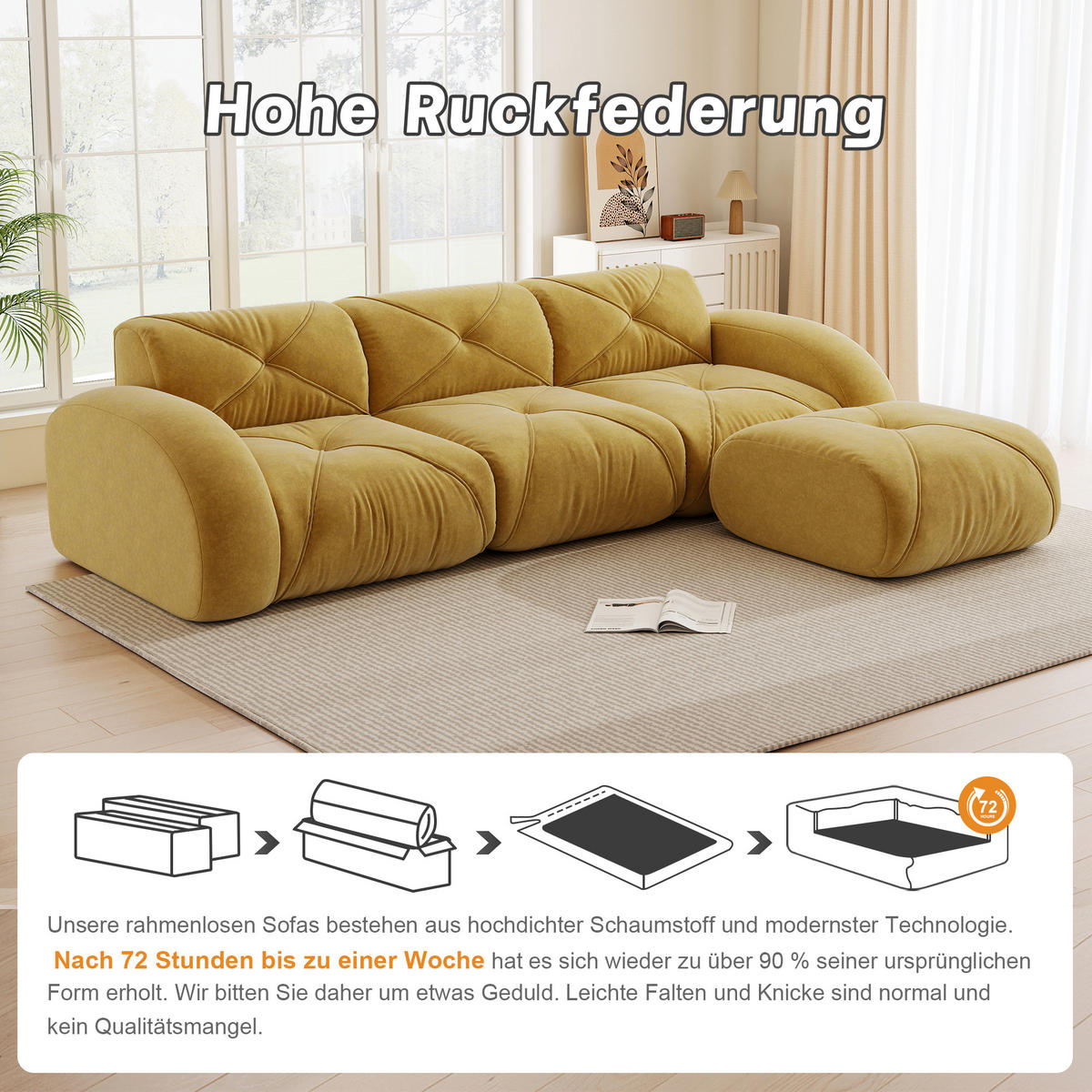 ECKSOFA 281/171/76 cm Gelb Chenille mit 1 Fußhocker, rutschfeste Unterseite - Gelb, Textil (281/171cm) - Oxeza